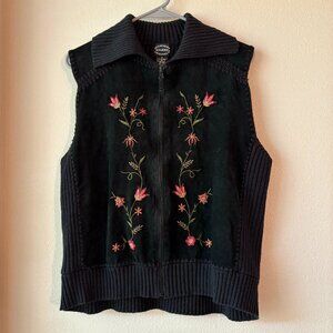 Black Suede Leather Knit Vest Full Zip Embroidered Flowers Pink Green Size XL